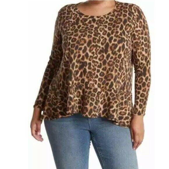 LOVE...ADY NEW $38 Long Sleeve Peplum Top Tan Brown Leopard Print 1X - Picture 1 of 2